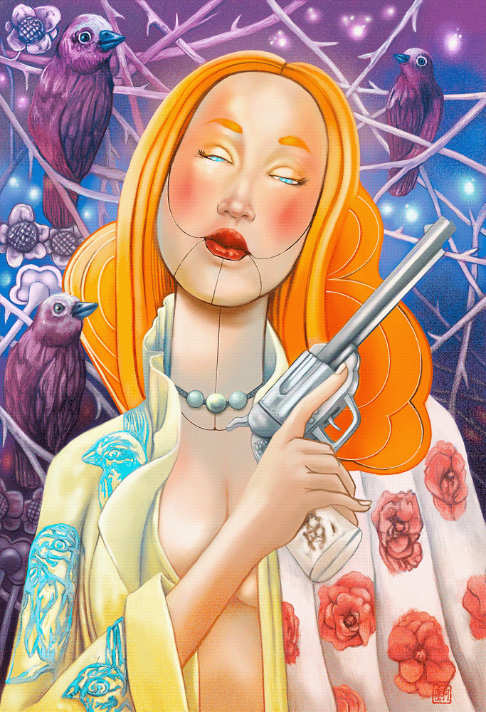 art nouveau design fantasy ILLUSTRATION  painting   western woman and gun