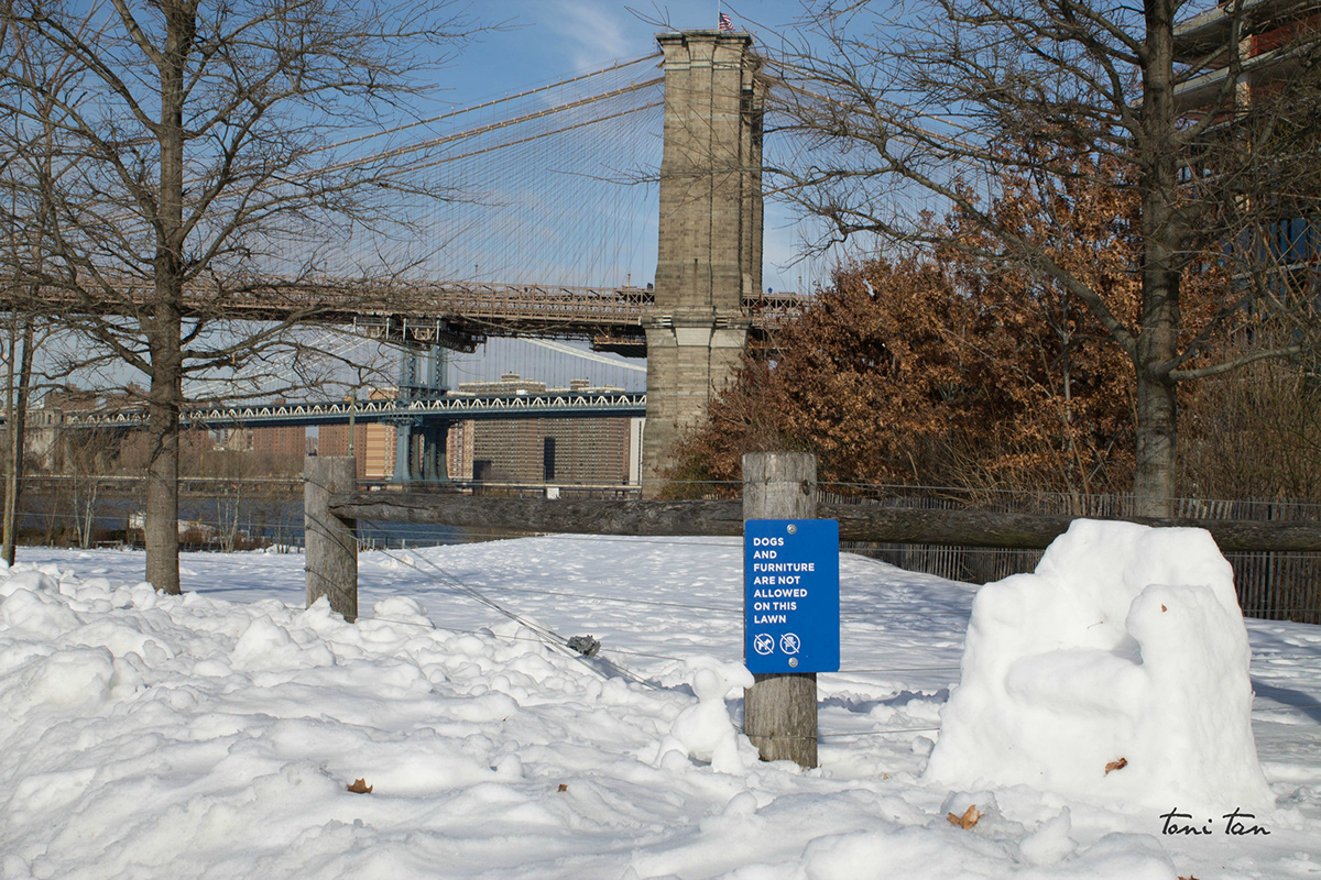 irony Brooklyn New York Brooklyn Bridge brooklyn bridge park winter snow sculpture