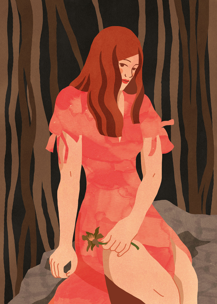 illustration of a melancolic woman holding a flower in the woods with a sad look and a red dress