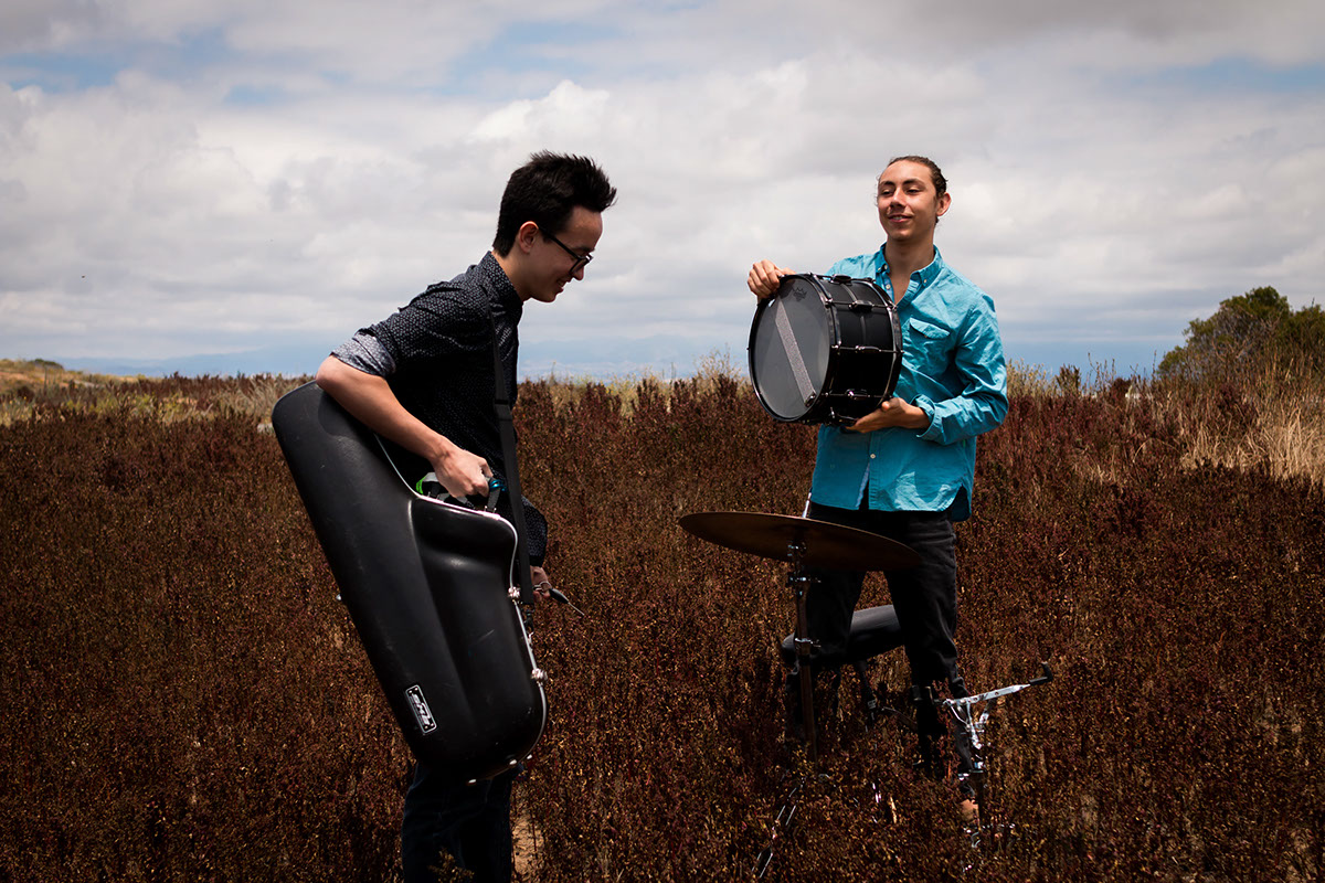 musicians Landscape portraits drums saxaphone Park woods meadow play