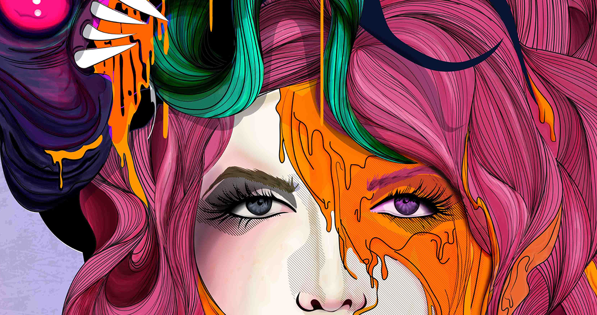 girl face demon monster darkness Nighmare Scary beautiful face woman soul digital vector pink ink