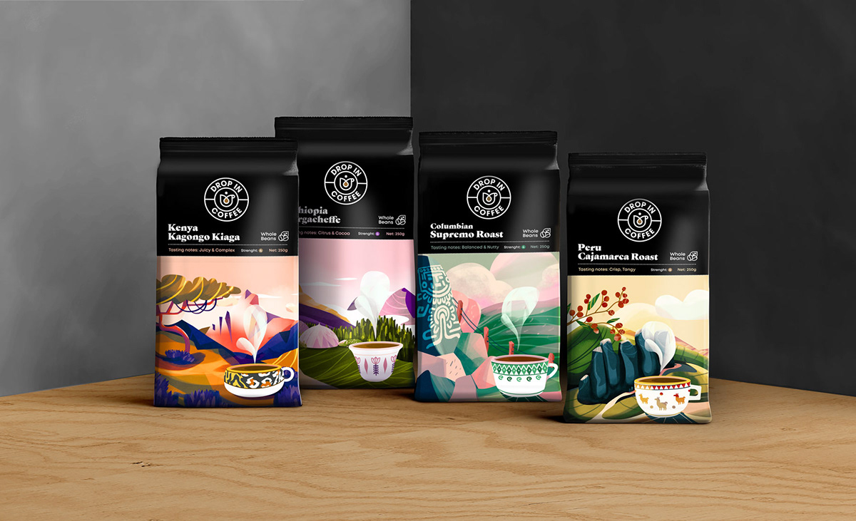Coffee Packaging peru columbia ethiopia kenya ILLUSTRATION 
