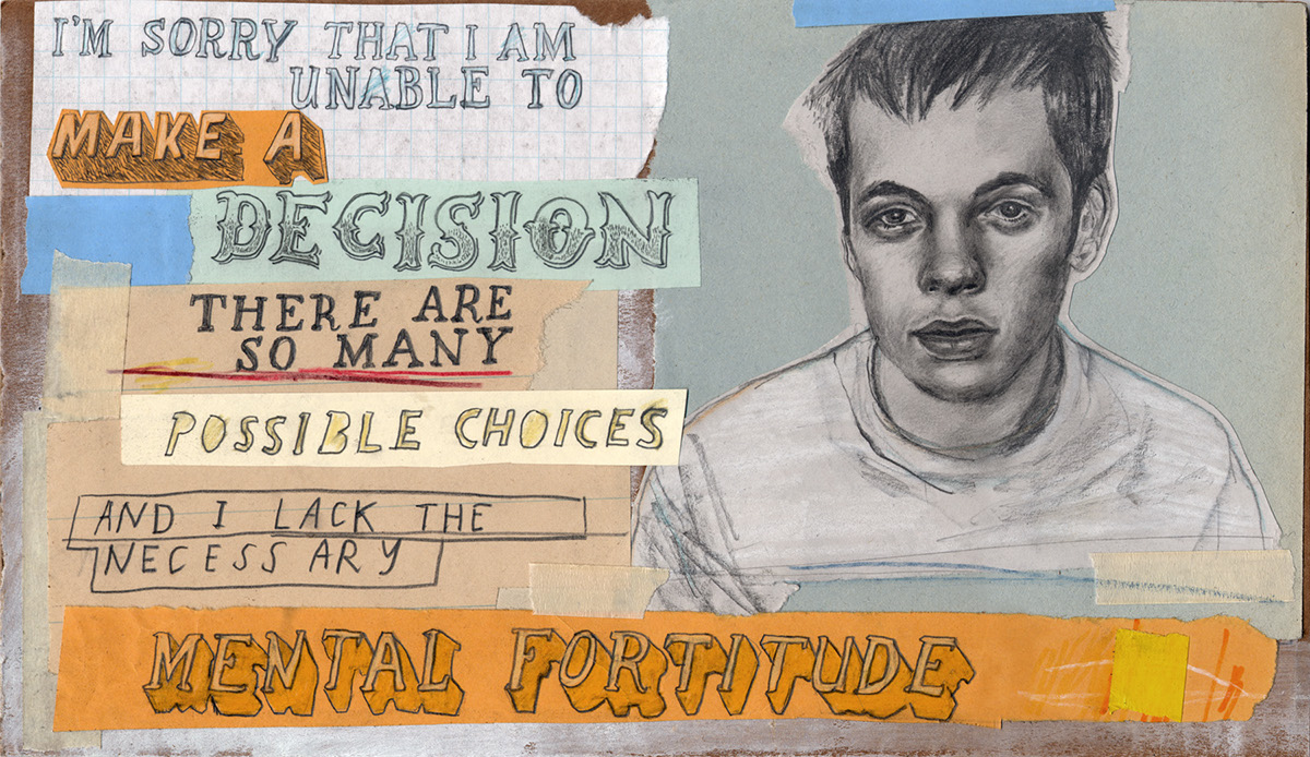 portraits text hand-drawn type apologies collage contemporary series installation graphite found paper humor mixed media faces art artist