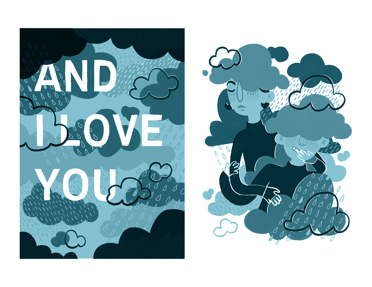 rain couple cute print Portland typography   Love ILLUSTRATION  blue stormy