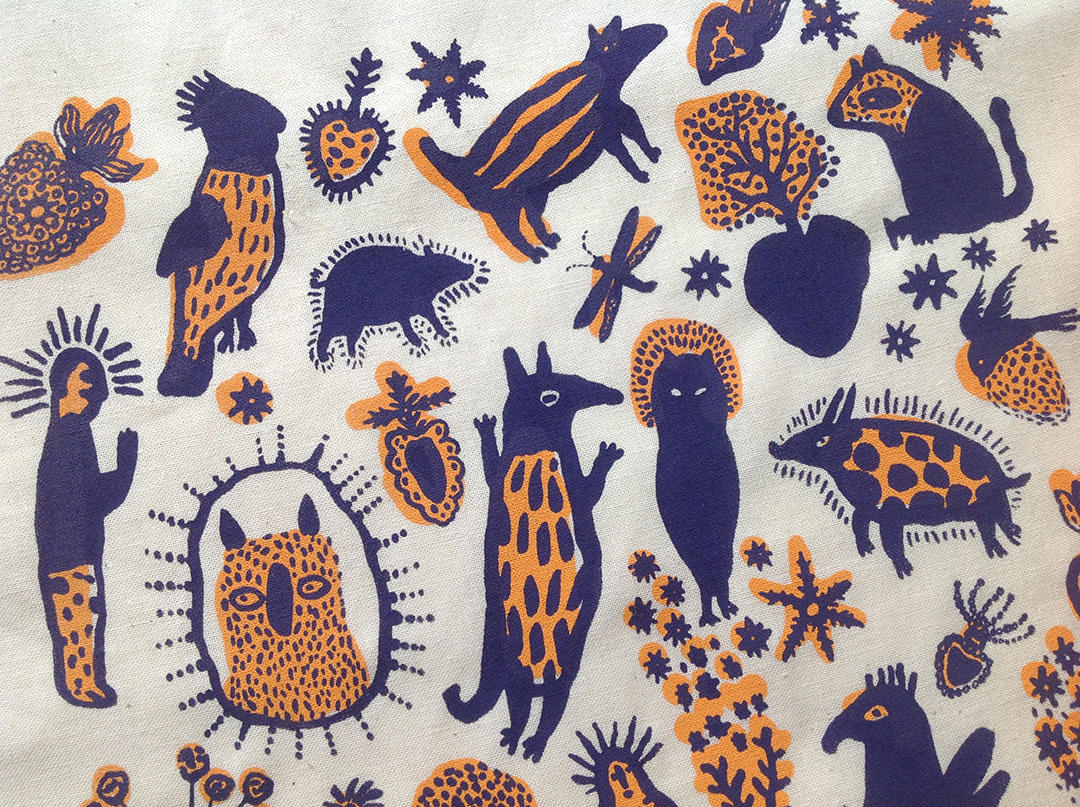 Tote Bag print silkscreen ex-vote purple orange animals craft printmaking mystery icons fairy tale