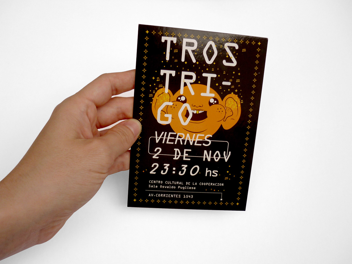postal flyer Trostrigo diseño frente y dorso ilustracion dibujo musica folk Evento recital