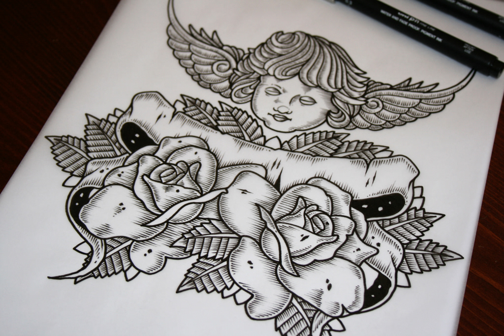 cherub Roses rose tattoo ink