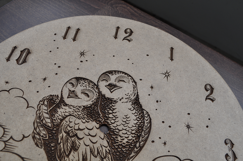 laser enraving vector graphic face clock owls characters greeting card t-shirt