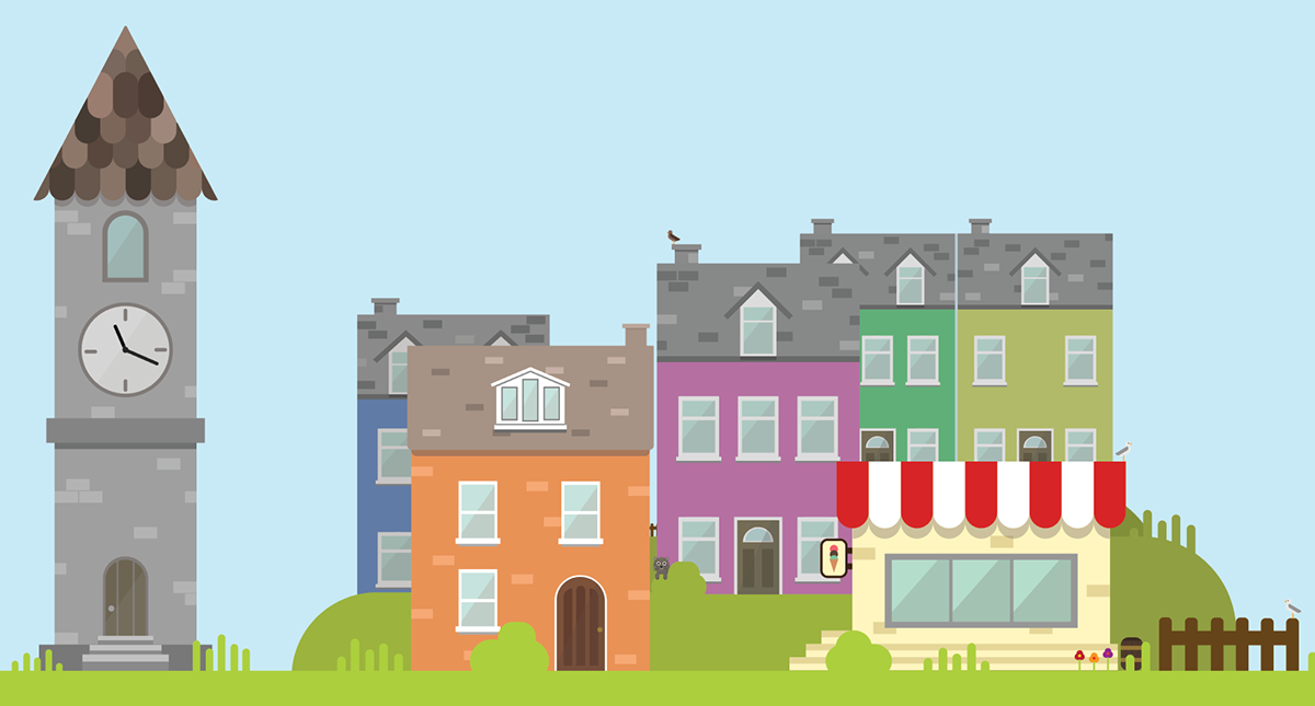Seaside town bright flat Illustrator design costal first shapes Colourful  detail SKY sea houses lighthouse