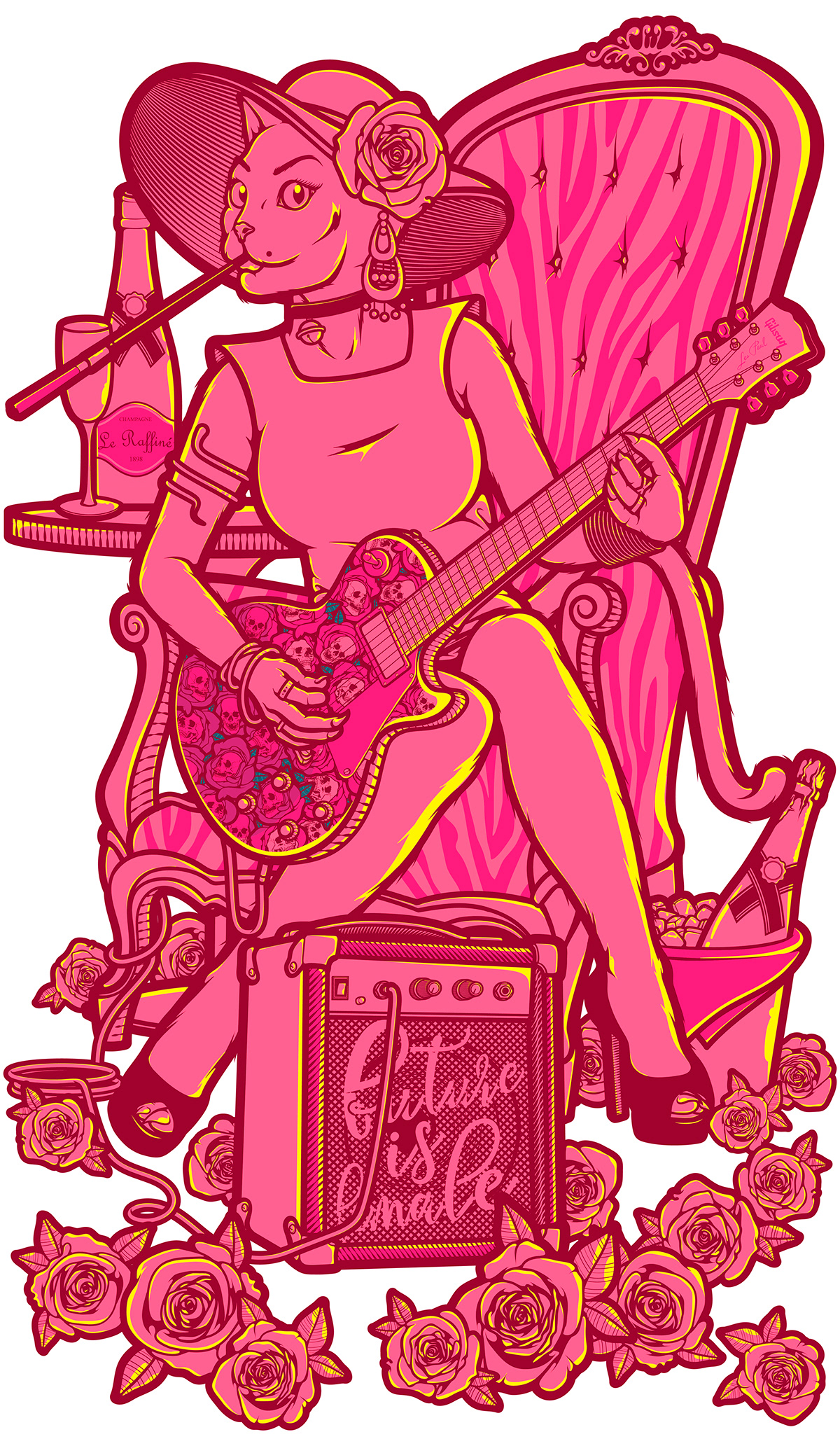Cat vector ILLUSTRATION  guitar rock Roses queen female music elegant