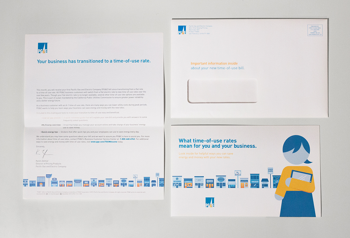 PG&E power utility electricity welcome welcome kit david illig dave illig illig letter envelope Time of Use mailer Foldover icons