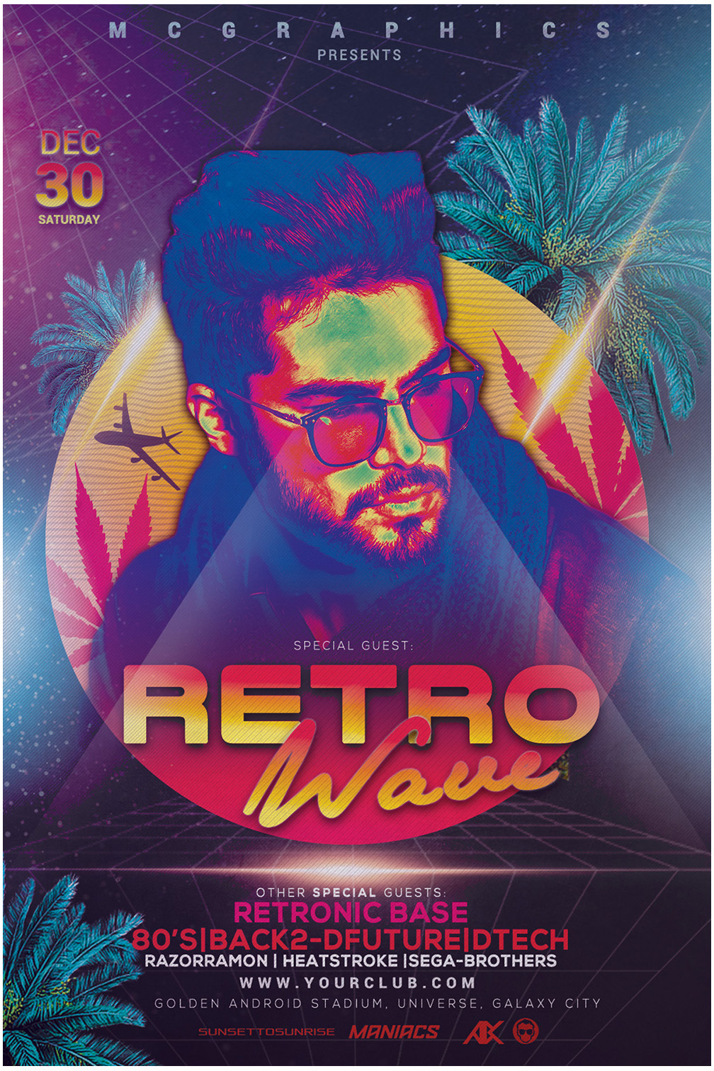adobe photoshop techno Retro electro 80s edm music color flyer