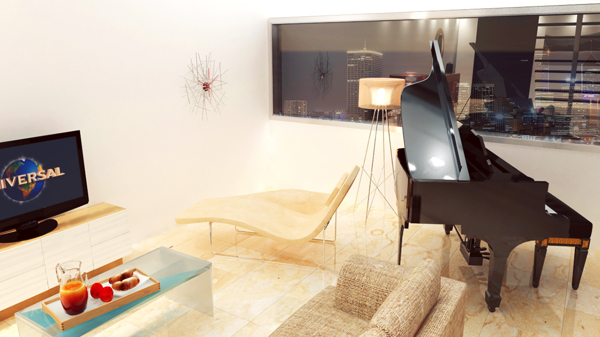 design interiors 3D living room contemporary luxurious cityscape digital Render mental ray Marble lightning digital artist rendering