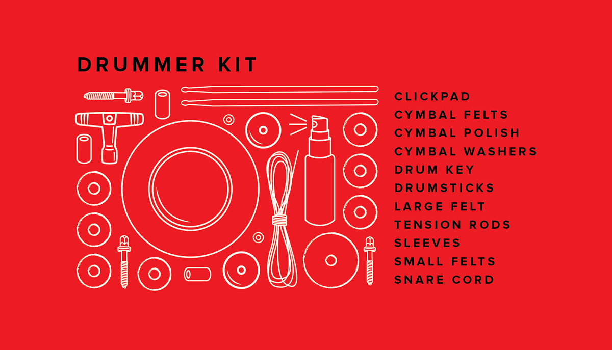 band aid band drummer kit packaging design touring