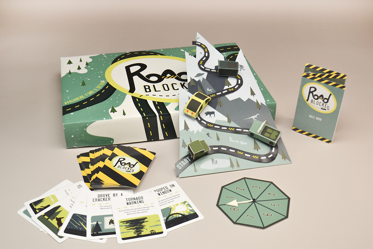 board game road blocked interactive road trip cards package design 