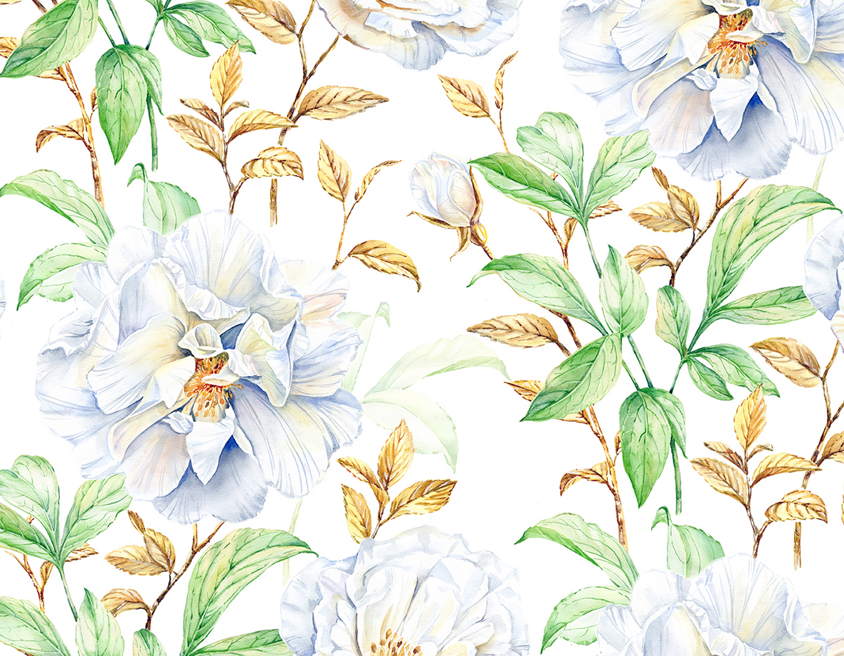 Flowers White rose Briar gold leaves wallpaper peony golden floral print wedding chinoiserie green