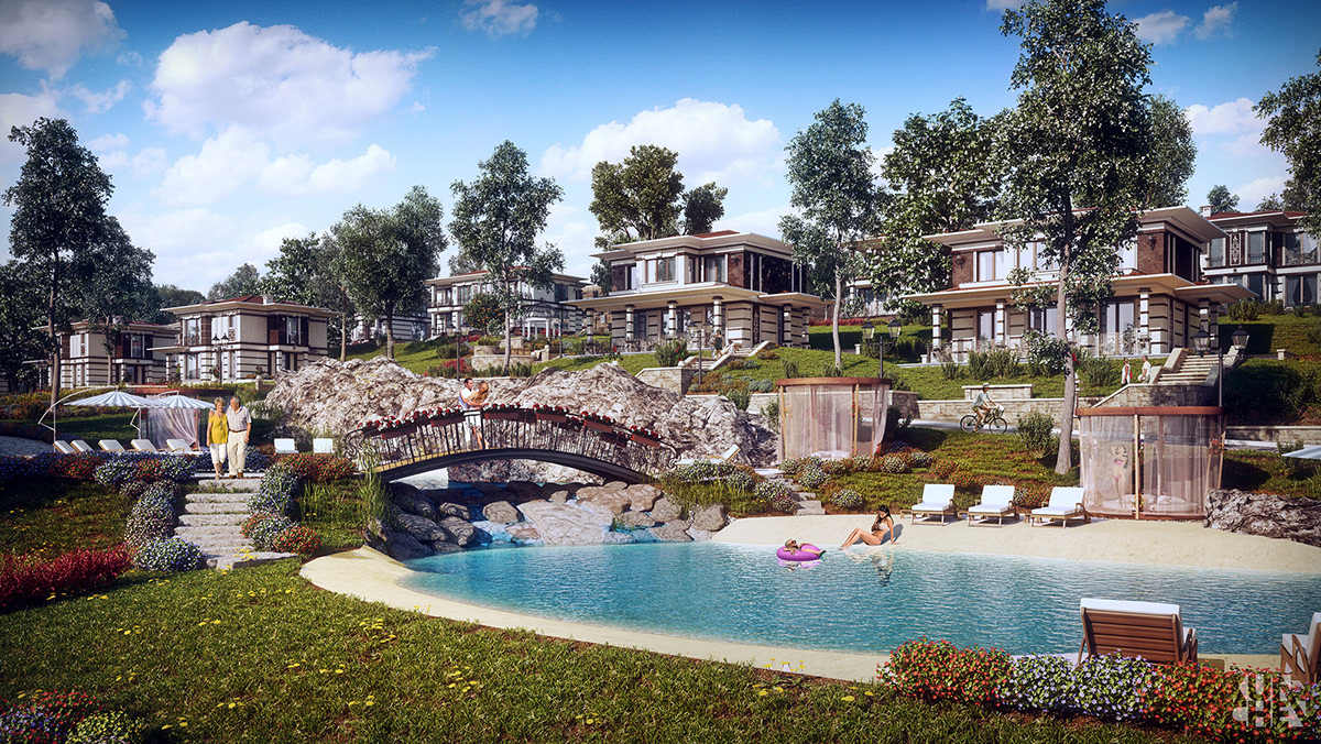 houses exteriors Render lake Summer Vacation visualization