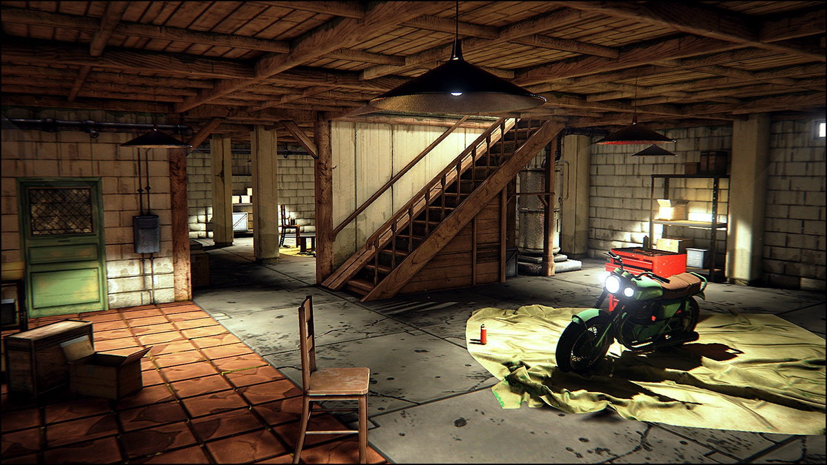 Unreal Engine 4 Epic Games virtual 3D art environment Artyom Vlaskin Level game garage motorcycle Mechanic design modelling texture