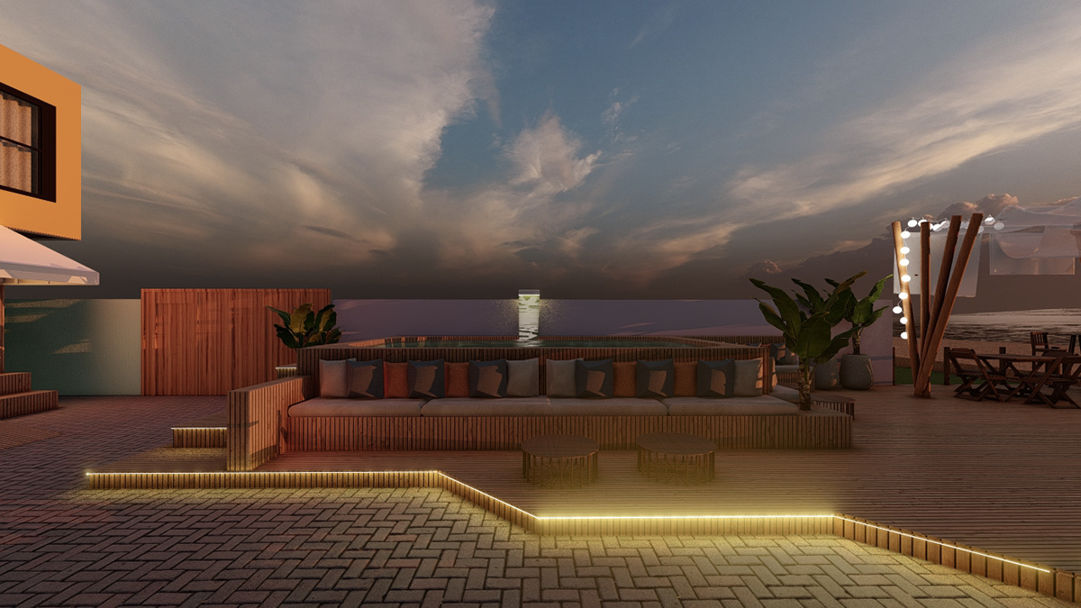 3D architecture area externa hostel lumion praia projeto comercial Renderização SketchUP