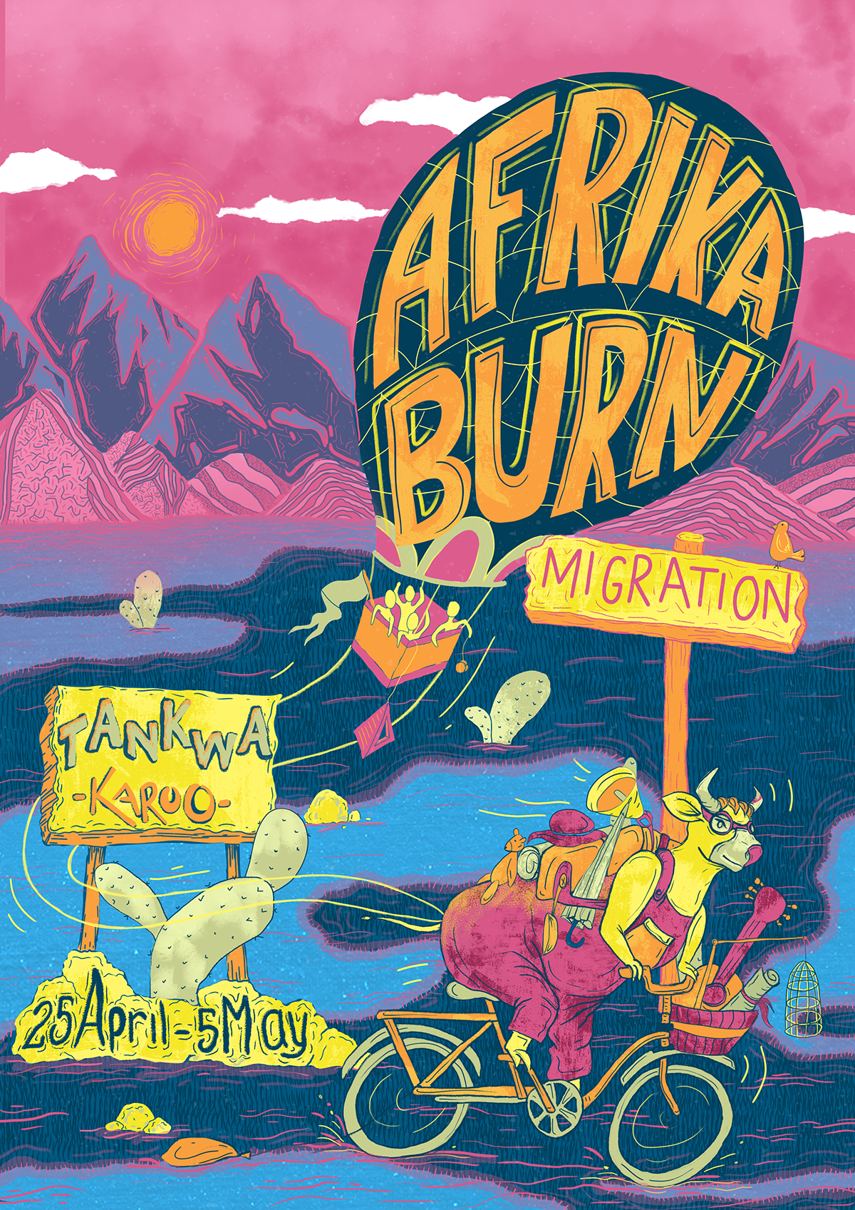 ILLUSTRATION  poster Event AfrikaBurn Colourful  Drawing  cow balloon