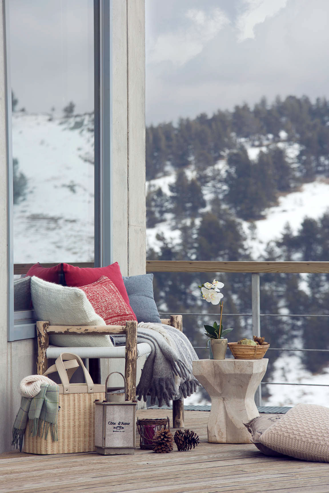 Interior nordic winter snow still life Ski cozy Fur