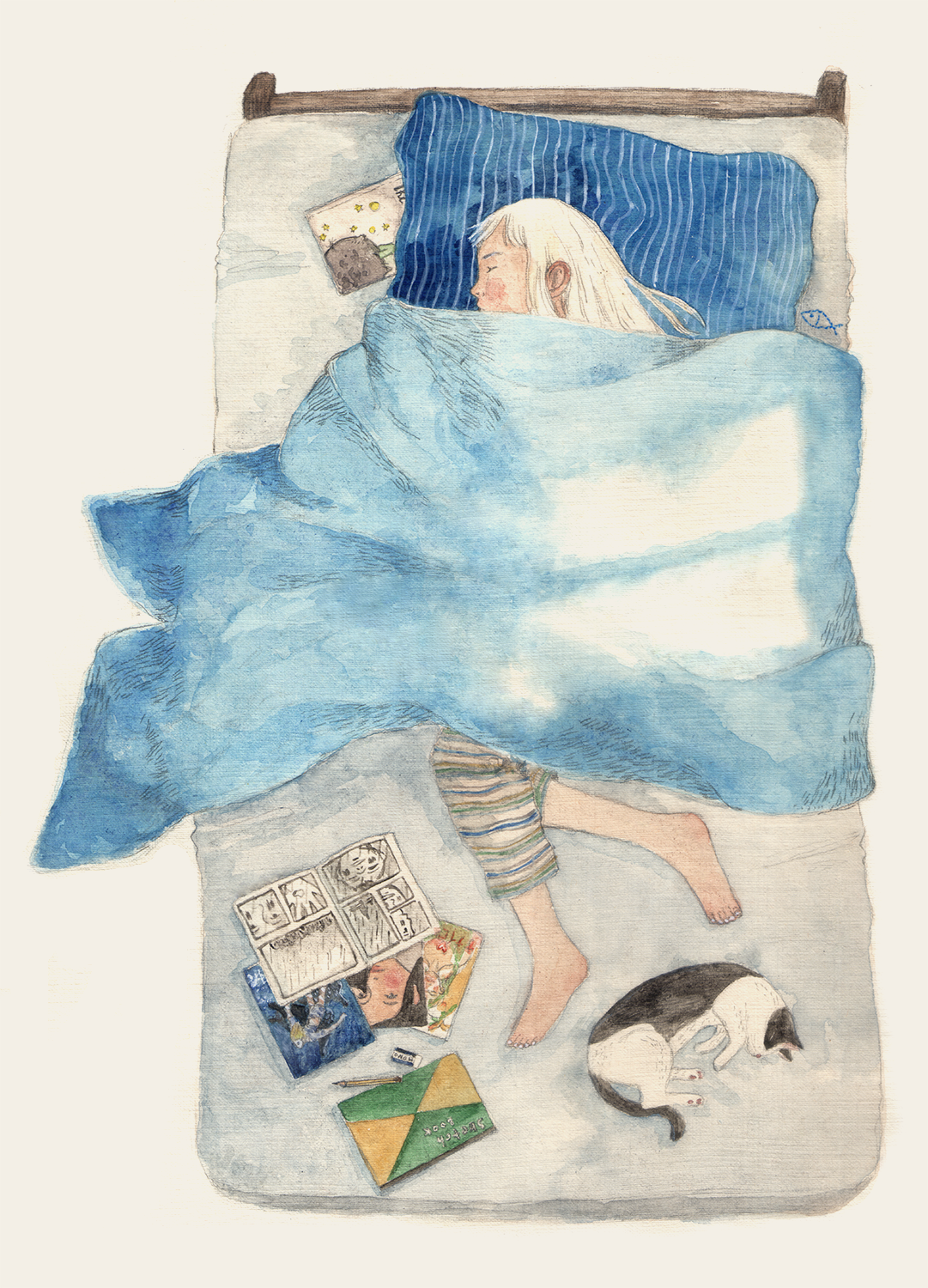 sleep girl dream Cat manga watercolor blue albino child