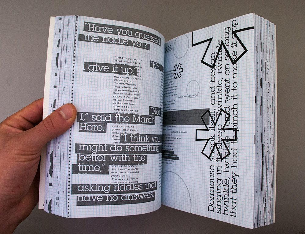 book interpretation print design  graphic design  alice in wonderland type as ilustration Velum wood box laser cut Lewis caroll