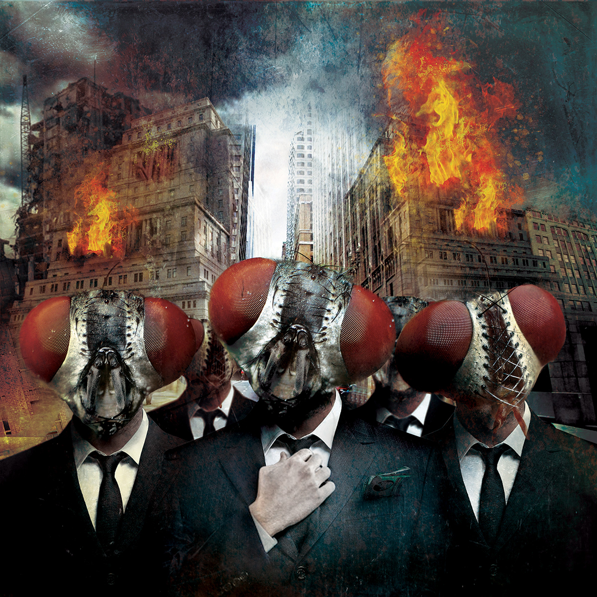 artwork leaders album cover poster design fire flame red Flies tie suit money dollar city