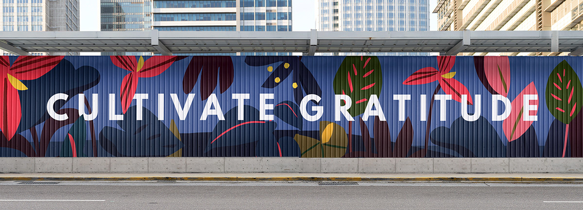 CommunityArt Cultivate gratitude Hoarding leaf lettering Mural mural art Positive Tropical