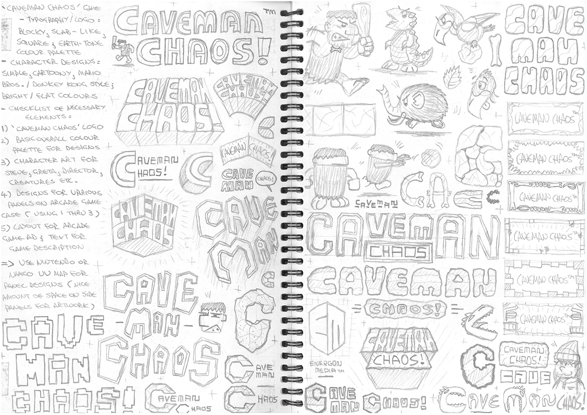 sketchbook caveman Dinosaur logo typefaces concepts video game characters advertisements flyer Movies Comic Book