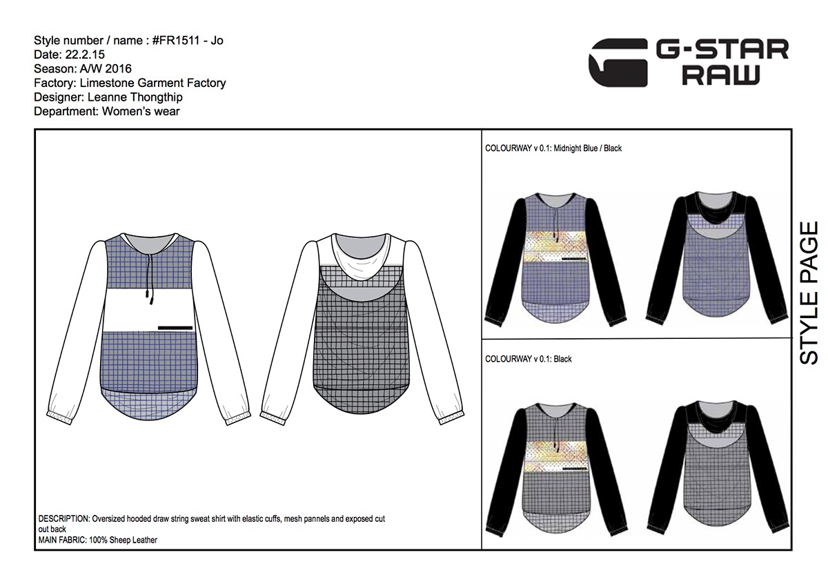 fashion design GStar Project Denim leather mesh Collection cad technical flats Tech Pack specs
