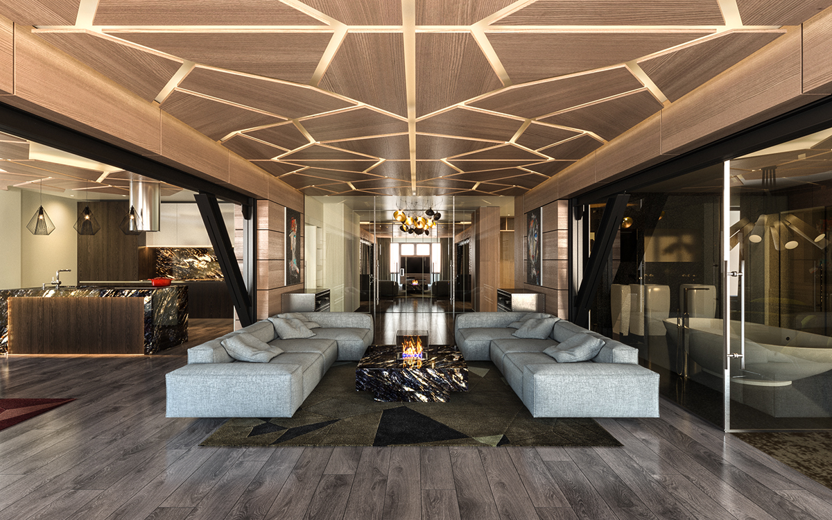 Interior decoration LOFT apartment luxury natural wood visualizations 3D 3d max design Granite ceiling panels