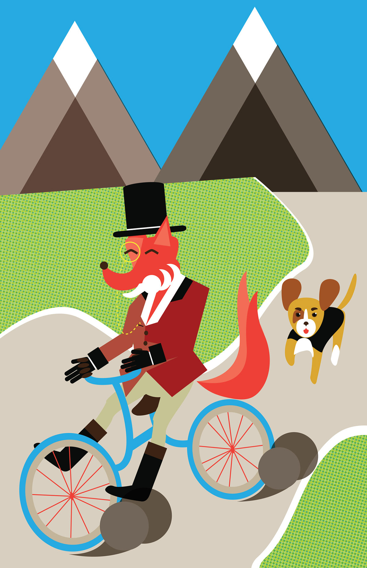 vector illustratio FOX dog Bike vibrant colorful dots