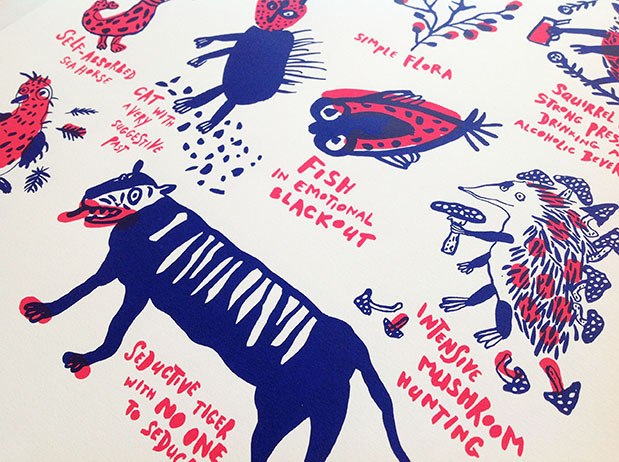 printmaking poster animals silkscreen natalya balnova limited edition fauna blue pink handletttering