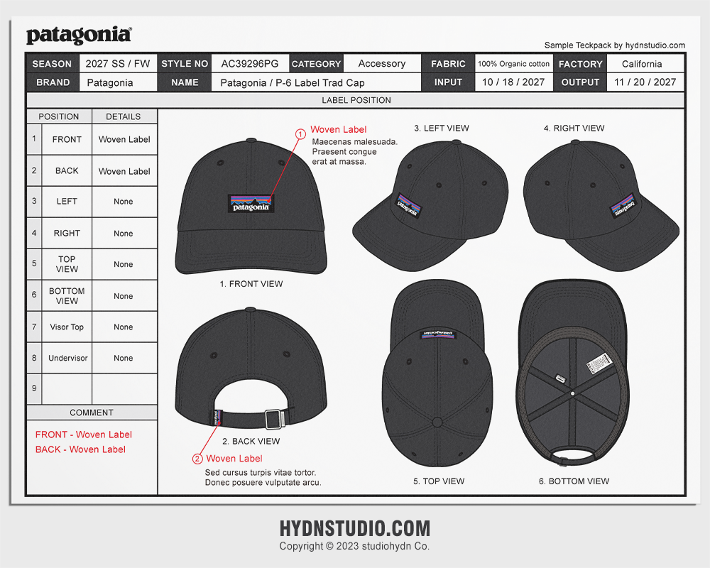 apparel cap cap design fashion design fashion flats Flat Sketch HYDNSTUDIO patagonia technical drawing Teck Pack