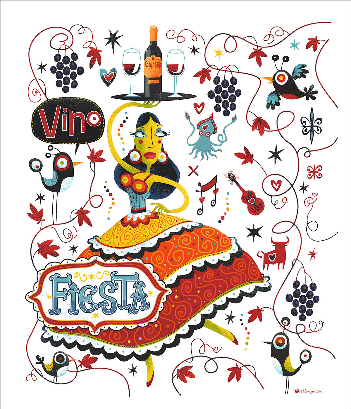 spain wine tapas brids Flamenco dancer restaurant map Fun whimsical grapes vine leaves bull guitar HAND LETTERING