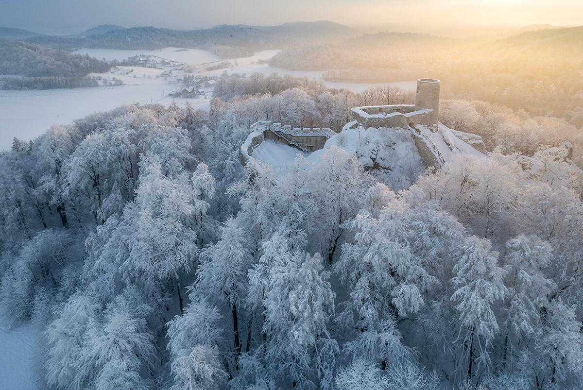 snow Landscape White Castle poland winter trees Photography  drone Aerial Photography