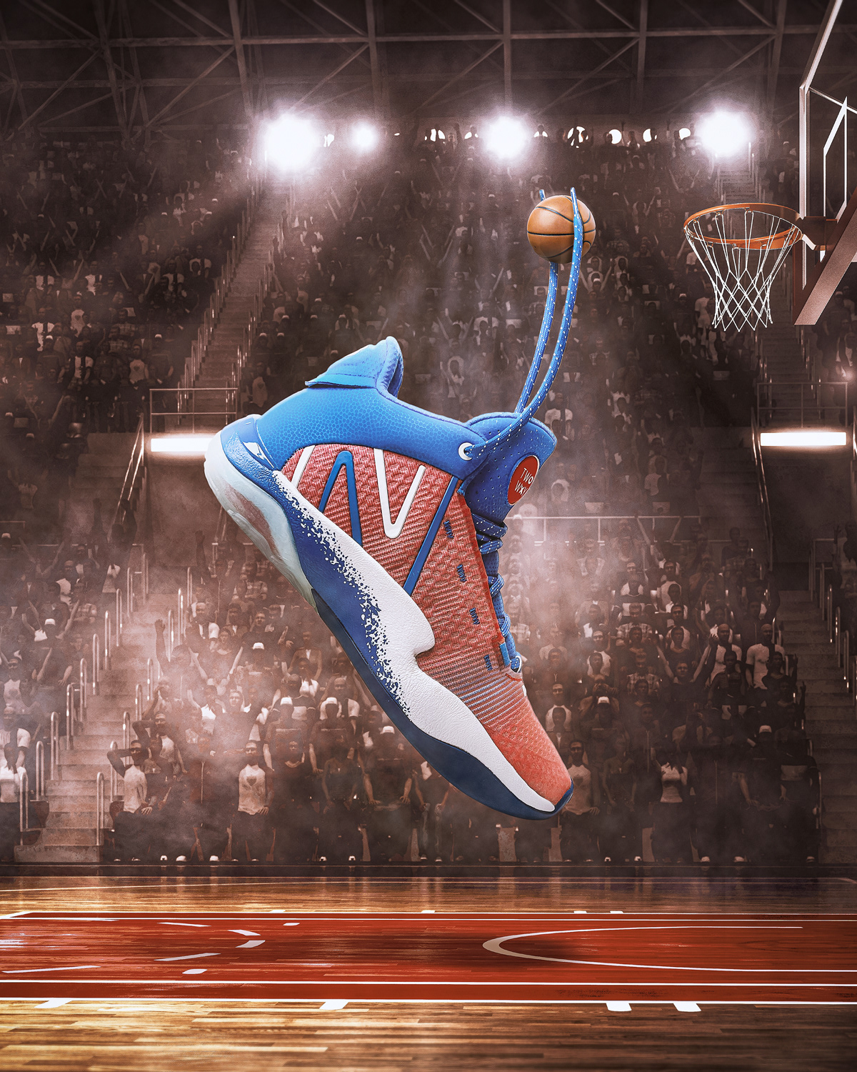 Photo composite of giant sneaker on basketball court. Retouching using Photoshop