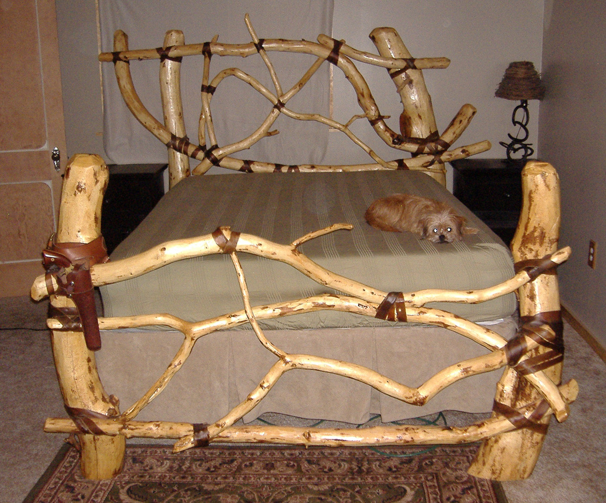 furniture bed wood Rawhide log Horseshoe nails Bed frame Lodgepole pine Tree  western country cowboy rustic handmade bedroom leather
