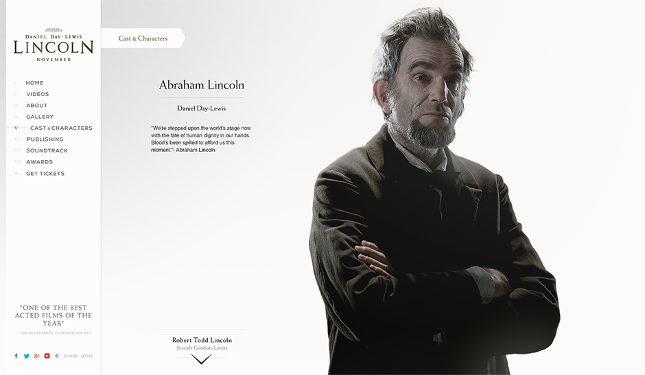 ui design  mobile  daniel day-lewis  steven spielberg  Academy Awards  lincoln  html5/css3   HTML5  theatrical site movie official movie website