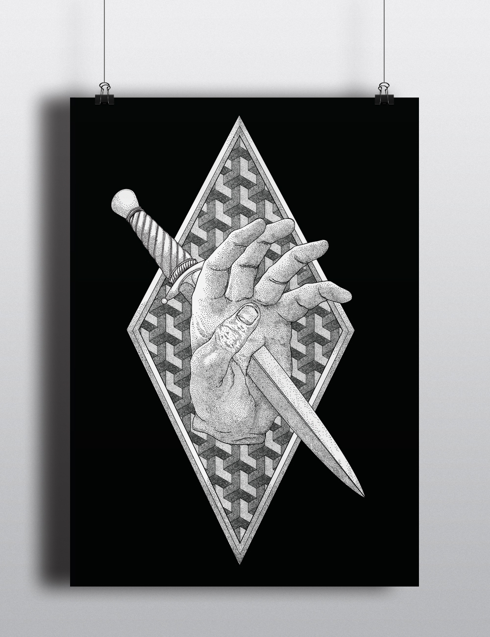 vector Illustrator black work stippling black and white monochrome dagger hand nihil impossible shapes sacred geometry
