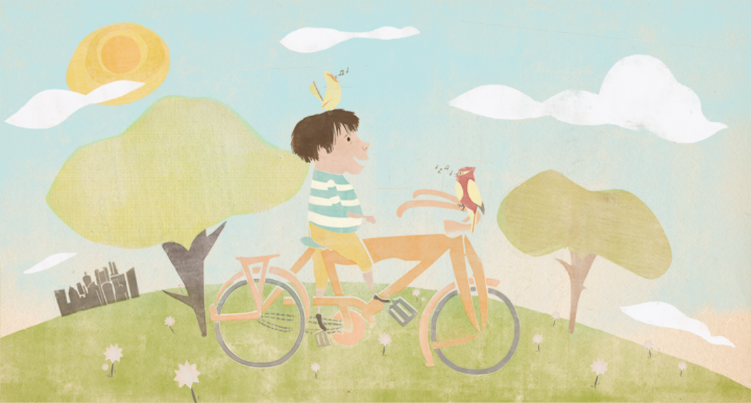 kids  children's illustration  bikes  Spring  bicycles  birds  Songbirds  animals  Children with animals Soft Color Palette