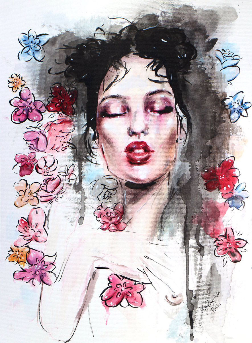 mixed media watercolor portrait Flowers ink colorful colors young artist
