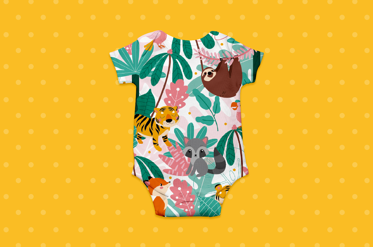 baby clothing ILLUSTRATION  characters jungle racoon tiger leafs Nature textile design  print and pattern