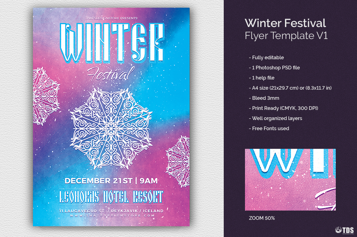 thatsdesignstore flyer poster template psd photoshop winter festival party snow
