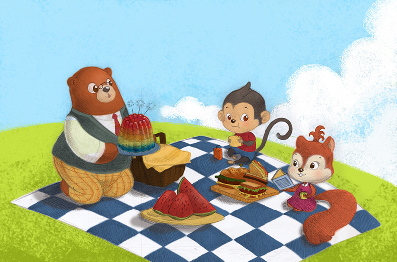 picnic bear monkey squirrel FOX cute animals fairytales children ILLUSTRATION 