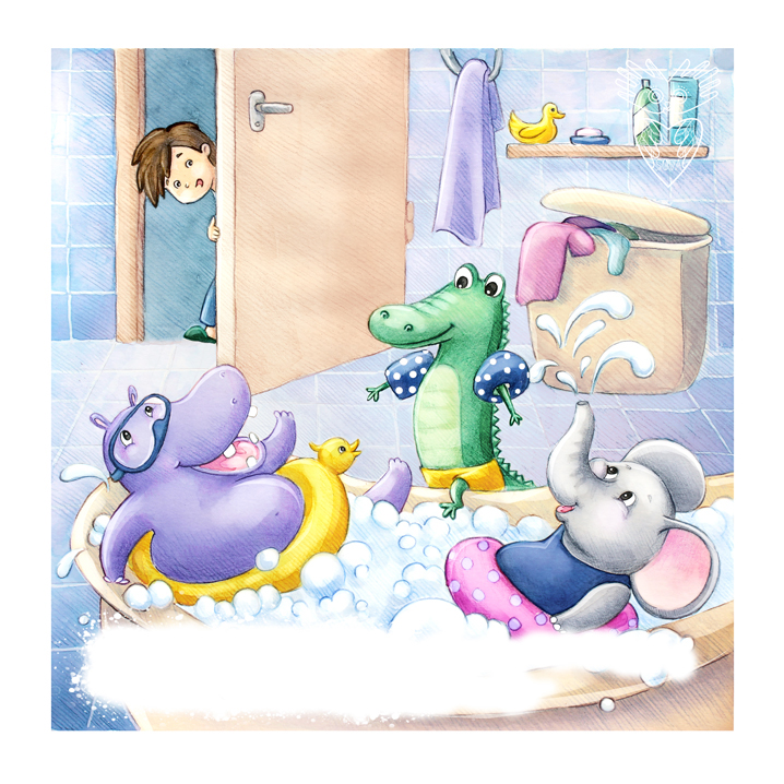 children colored pencils watercolor crocodile Hippopotamus elephant bathroom tub wash game