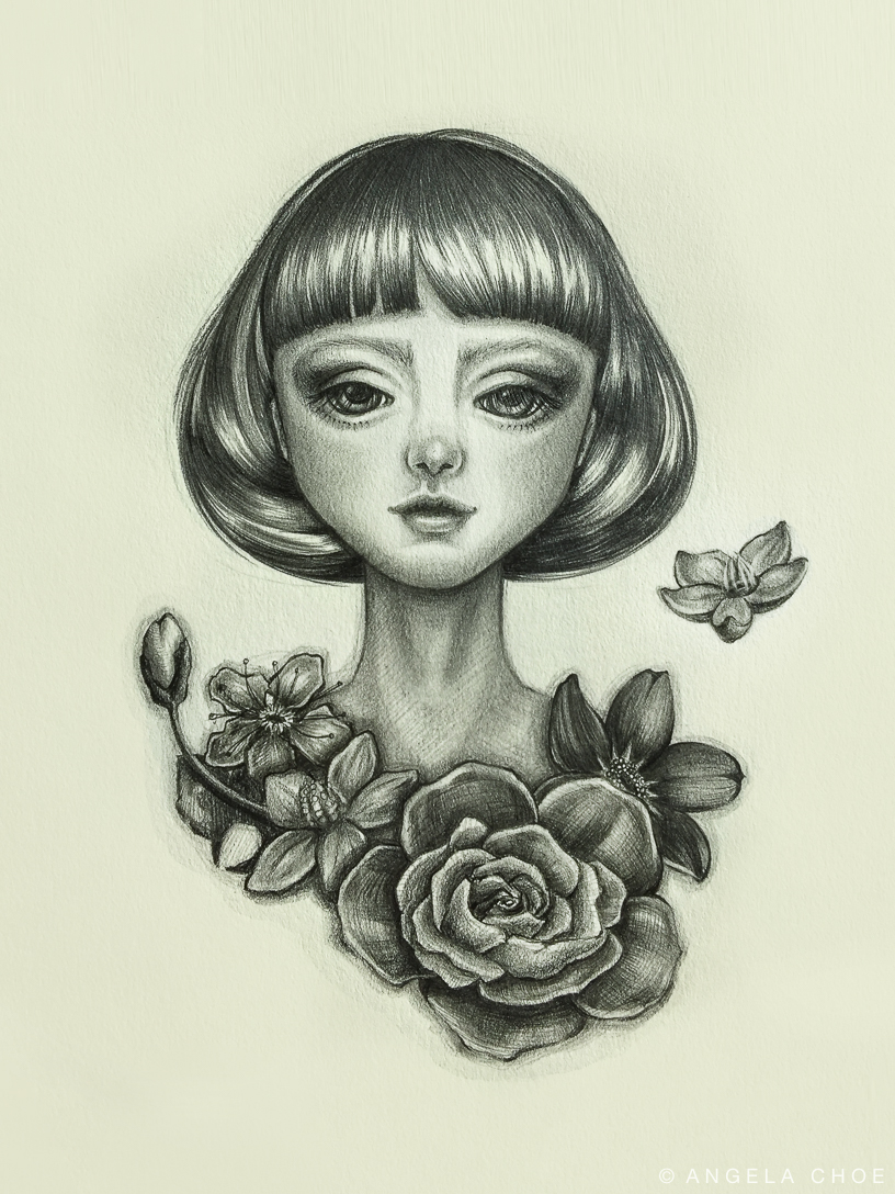 graphite pencil prismacolor ColorPencil girl portrait doodle sketch art artwork floral