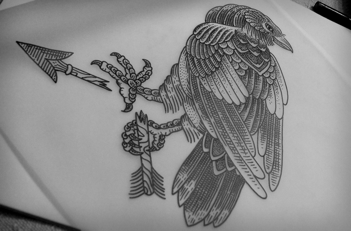 crow blackbird Birdtattoo tattoo hass hasstattooer Blackline blackwork stippling hatching tattotrip SP