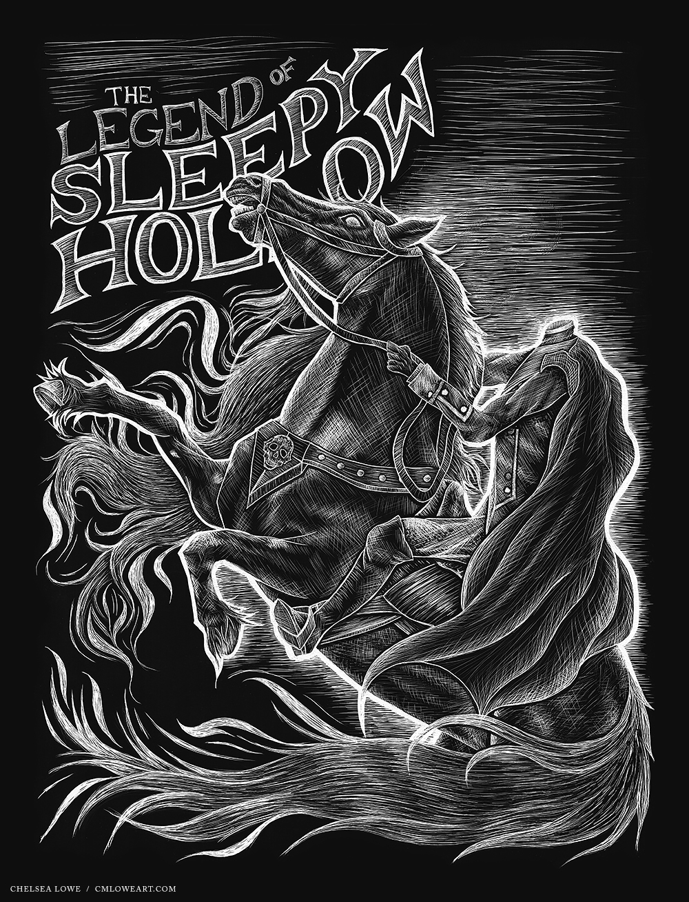Sleepy Hollow Headless Horseman horse Poster Design scratchboard